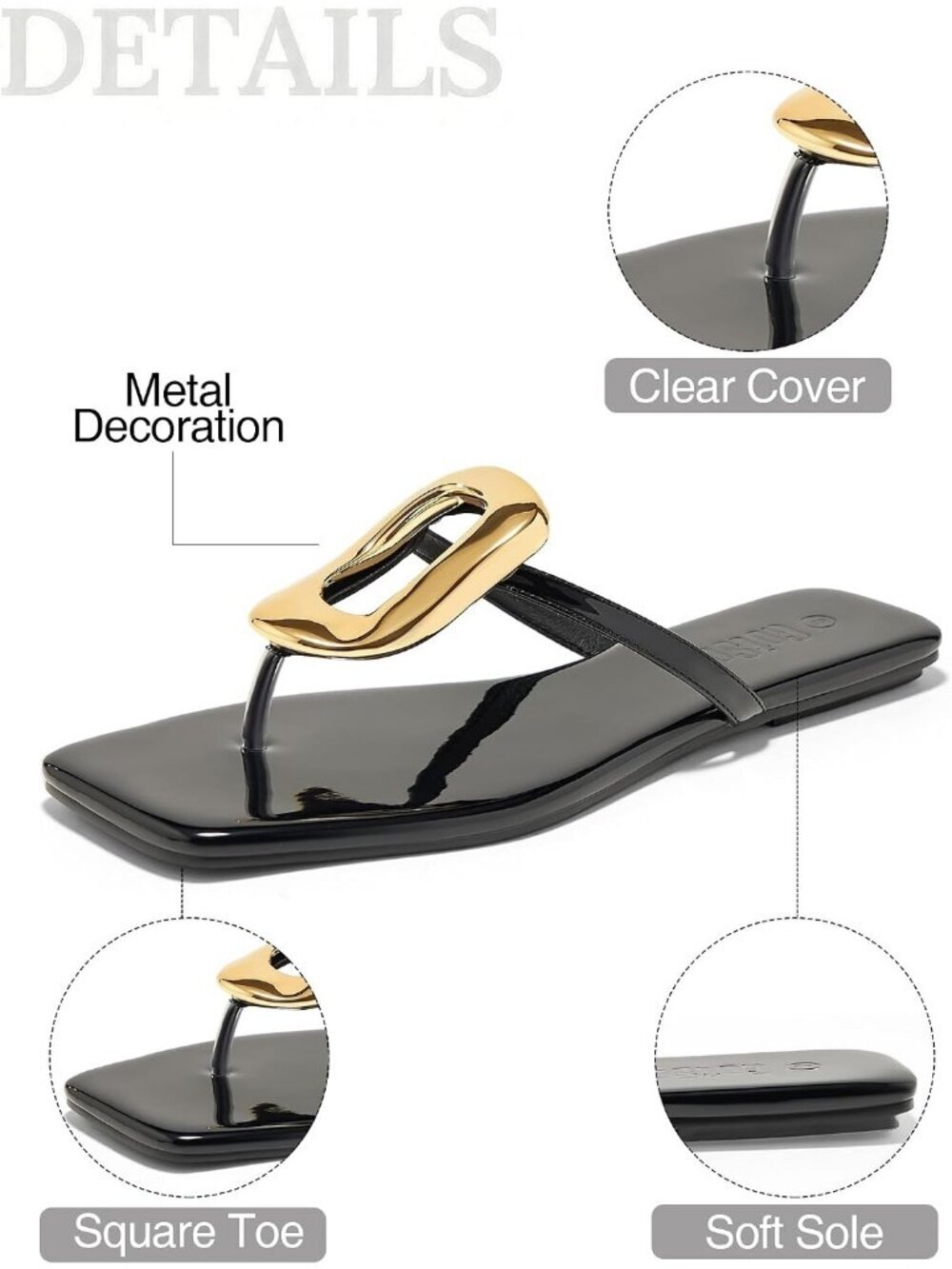 Women's Black Leather Flats Sandals Square Toe Metal Decoration Flip Flops Shoes - Picture 5 of 6